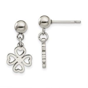 Steel Polished 4-Leaf Clover Shamrock Post Dangle Earrings